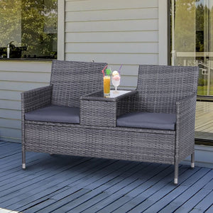 2-Seater PE Rattan Outdoor Garden Bench w/ Centre Table TapClickBuy