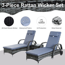 Load image into Gallery viewer, Garden Rattan Furniture 3 PC Sun Lounger Recliner Bed Chair Set with Side Table Patio Wicker-Grey TapClickBuy